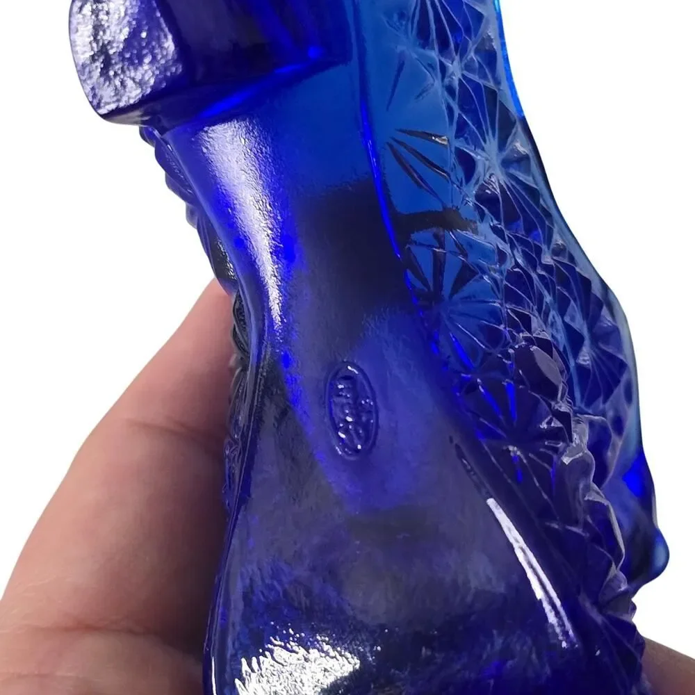 Rare Vintage Fenton Button & Daisy Cobalt Blue Cat Head Glass Shoe 5.5”